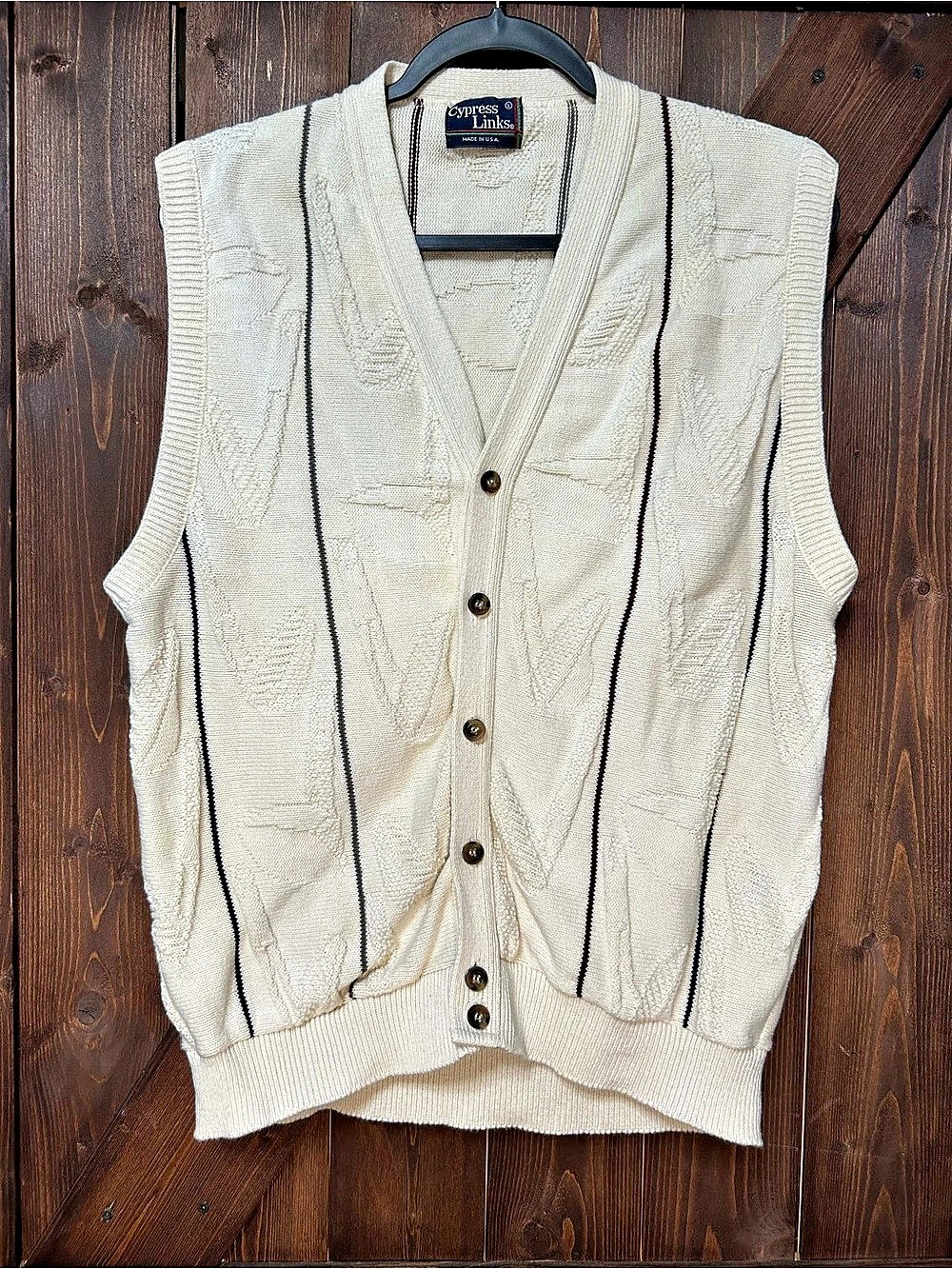 Cypress Links Cotton Striped V-Neck Vest in Cream